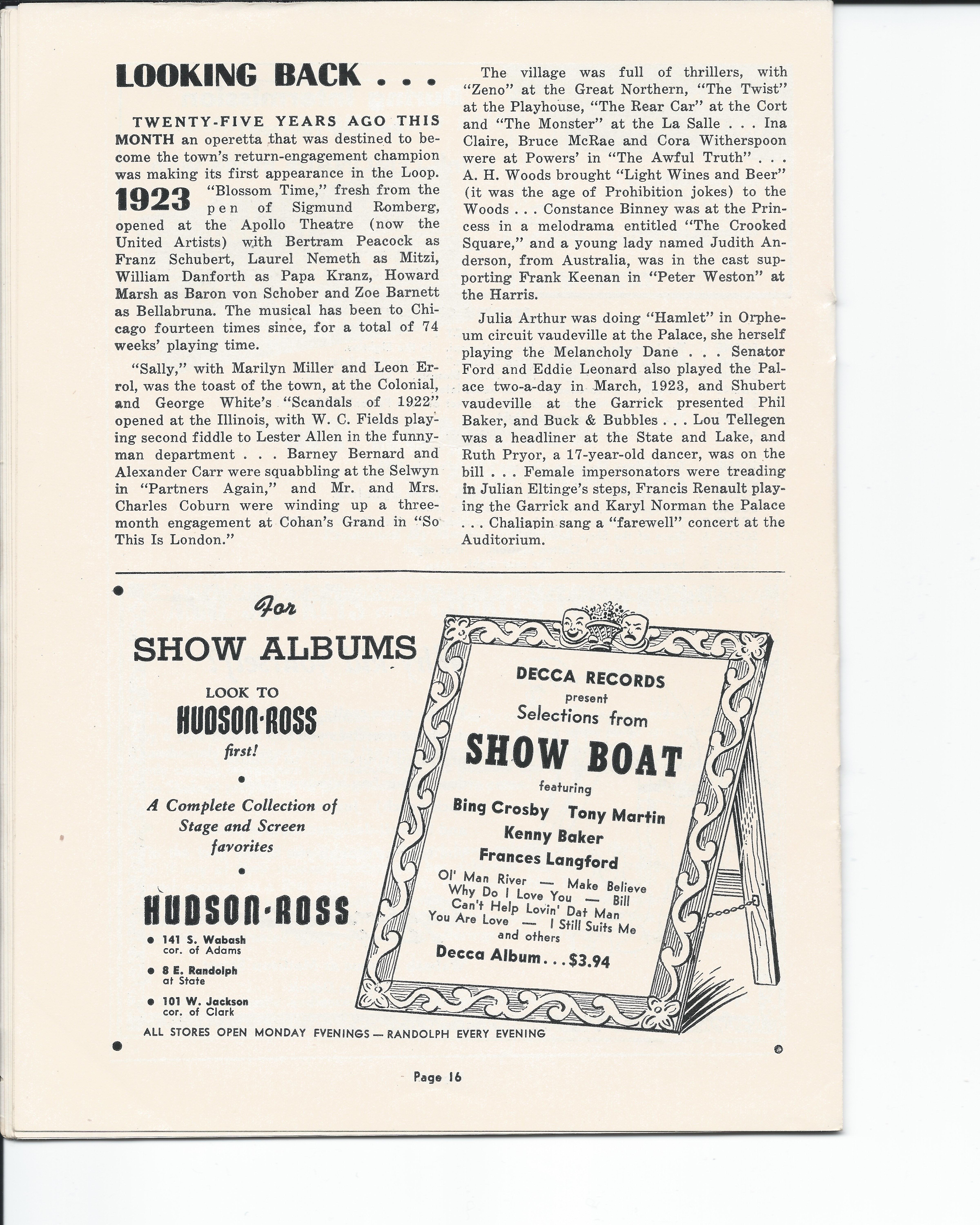 Showboat Stagebill - Chicago Shubert Theater, 3/21/1948 p. 16 Showboat Stagebill - Chicago Shubert Theater, 3/21/1948 p. 16