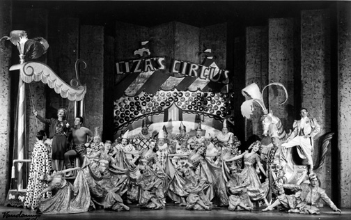 The Circus Dream in the original Broadway production of LADY IN THE DARK, 1941. Gertrude Lawrence and Victor Mature, far left; Danny Kaye, far right. The Circus Dream in the original Broadway production of LADY IN THE DARK, 1941. Gertrude Lawrence and Victor Mature, far left; Danny Kaye, far right.