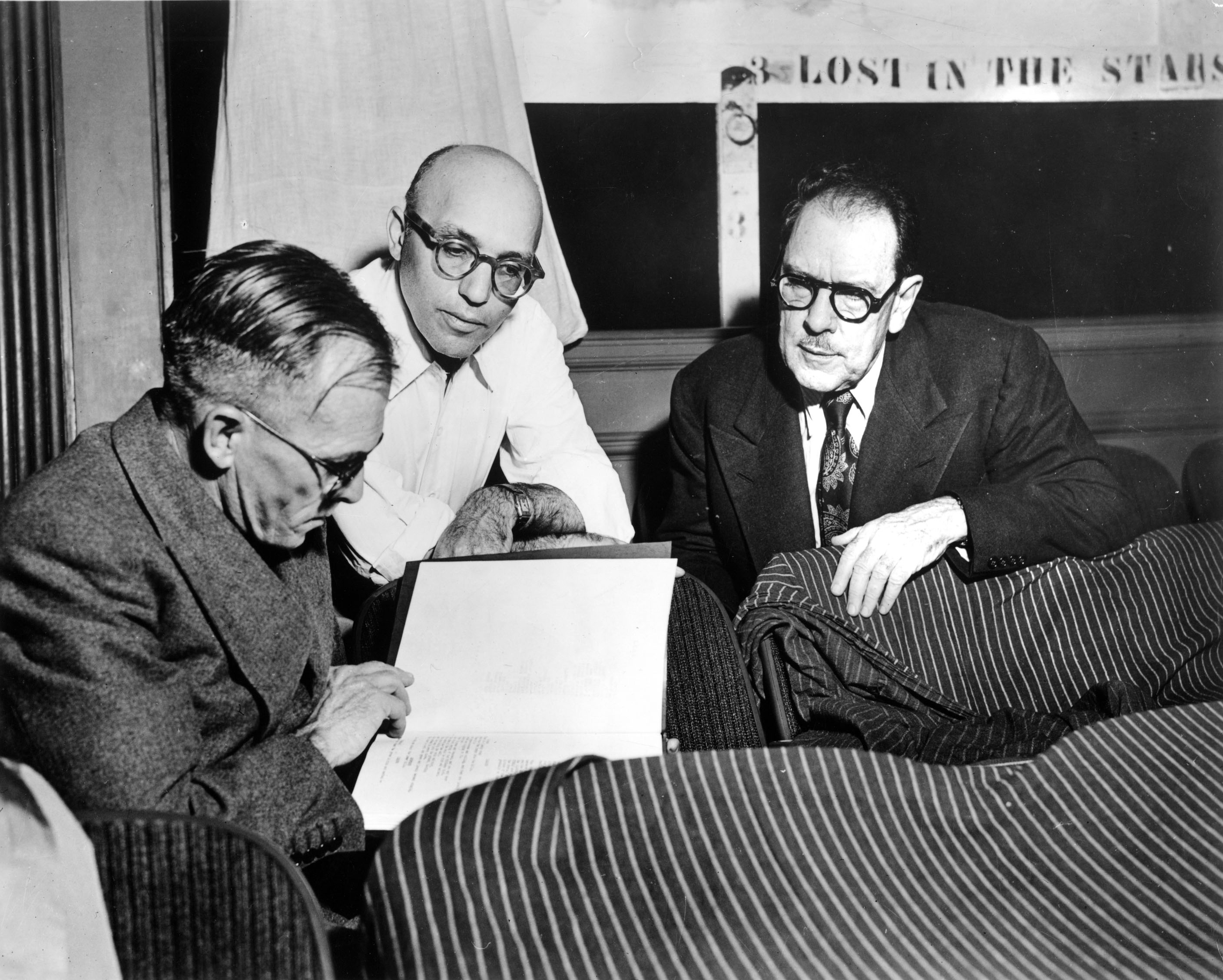 LOST IN THE STARS authors Kurt Weill and Maxwell Anderson with novelist Alan Paton. LOST IN THE STARS authors Kurt Weill and Maxwell Anderson with novelist Alan Paton.